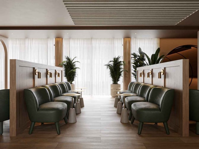 The seating area in W Premium Lounge Curitiba features individual chairs with small tables, offering a comfortable waiting space for travelers.