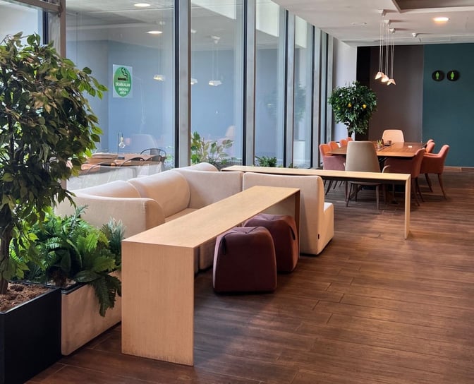 The DLM Lounge at Dalaman Airport features a seating area with sofas, tables, and chairs, offering views through large windows.