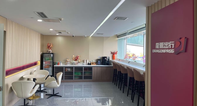 The VIP Lounge at Dalian Zhoushuizi International Airport features a seating area with tables, a beverage station, and bar-style counter seating.