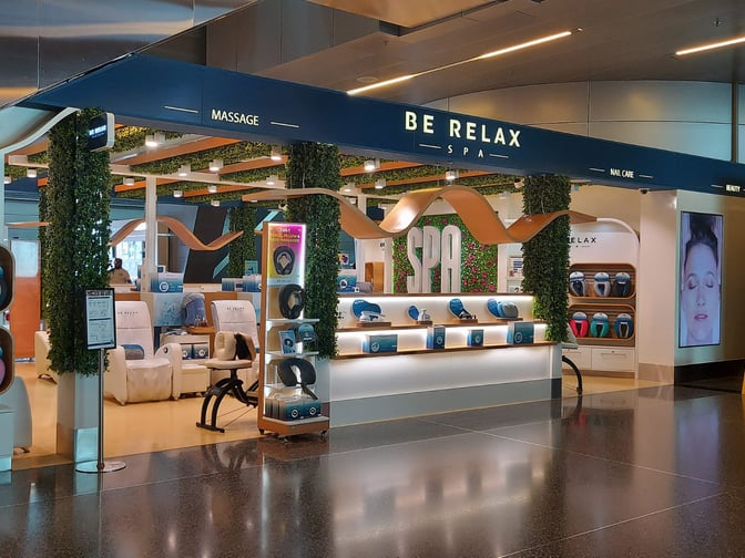 The Be Relax Spa in Concourse C at Doha Hamad International Airport offers massage chairs and beauty services for travelers.