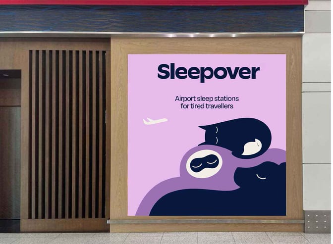 The entrance to the Sleepover lounge at Dubai International Airport Terminal 3 Concourse A features a sign promoting sleep stations for travelers.