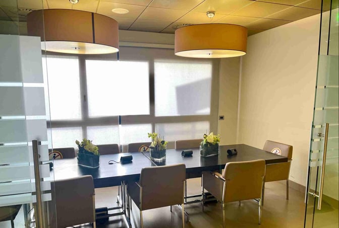 The VIP Club Lounge at Florence Airport features a private meeting room with a large table, chairs, and decorative plants.