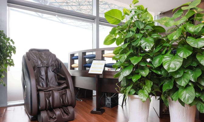 A massage chair is available in the SH Premium Lounge at Noi Bai International Airport, surrounded by potted plants for relaxation.