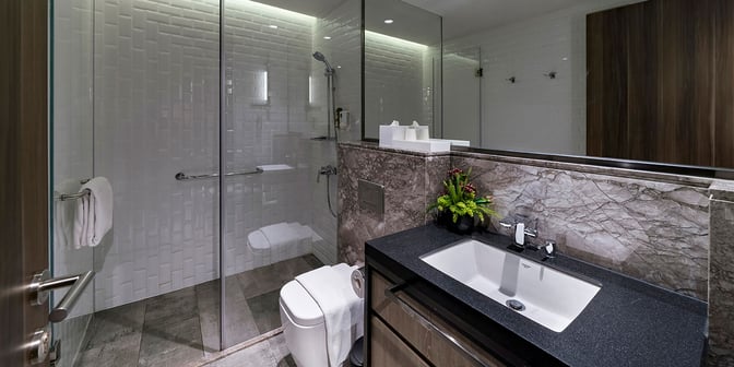 The bathroom in the Plaza Premium Lounge at Hong Kong International Airport.