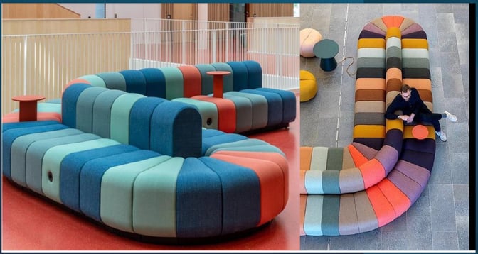 Modular seating in the Z Lounge at Kempegowda Bangalore International Airport provides flexible arrangements with integrated side tables for travelers.