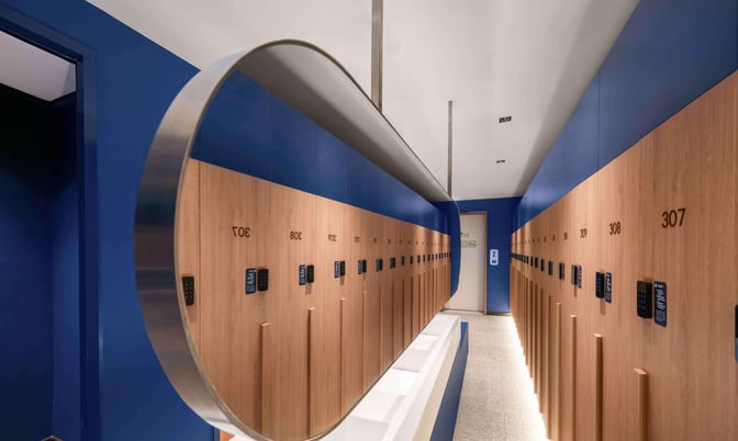The locker area at Kepler Club in Kuala Lumpur International Airport features secure storage with digital locks for travelers' convenience.