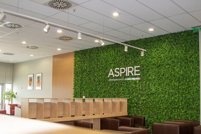 The Vitosha Aspire Lounge at Sofia Airport features a seating area with a green wall and wooden dividers for privacy.