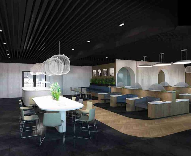 The Prima Vista Lounge at Thessaloniki Airport features a seating area with tables and chairs, offering a space for relaxation and work.
