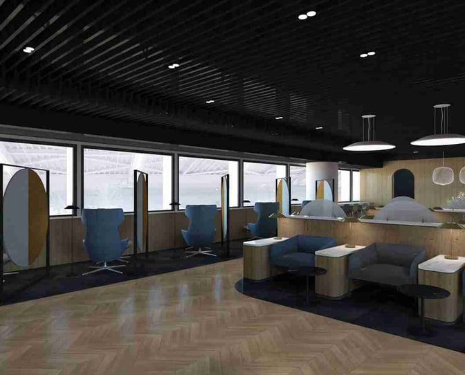 The Prima Vista Lounge at Thessaloniki Airport features individual seating areas with privacy screens and tables, offering views of the tarmac.