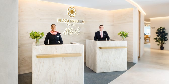 The reception area of Plaza Premium Lounge at Adelaide International Airport.