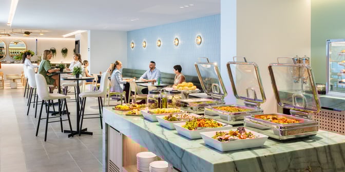 The Plaza Premium Lounge at Adelaide International Airport features a self-serve buffet with a variety of hot and cold dishes.