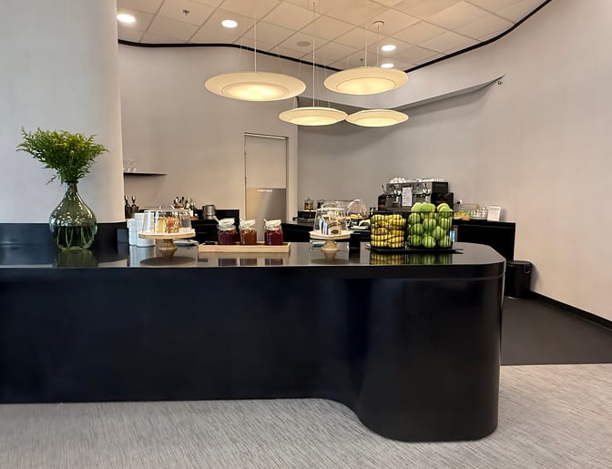 The Goldair Handling x AIA Lounge at Athens International Airport features a self-serve food area with fresh fruit and condiments.