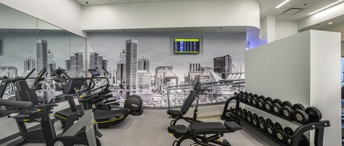 The ROAM Fitness lounge at Baltimore-Washington International Airport features exercise equipment, including treadmills and weights, with a cityscape mural backdrop.