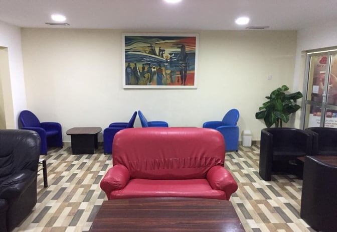 Seating area in Banjul International Airport's First Class Lounge features various armchairs and tables, with artwork and a plant for ambiance.