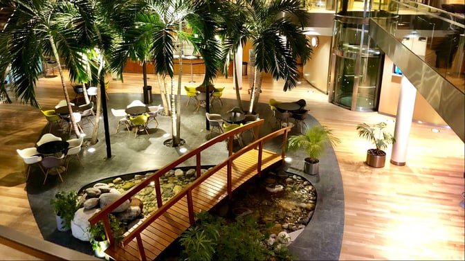 The EuroAirport Skyview Lounge features a seating area with tables surrounded by palm trees and a small wooden bridge over a pond.