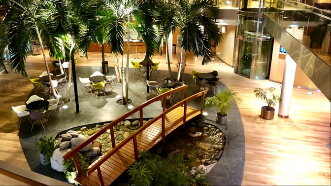 The EuroAirport Skyview Lounge features a seating area with tables surrounded by palm trees and a small wooden bridge over a pond.
