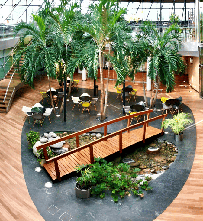 The EuroAirport Skyview Lounge features a seating area with tables and chairs surrounded by indoor plants and a small wooden bridge.