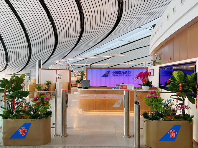 The entrance to the China Southern Lounge at Beijing Daxing International Airport features a reception desk and decorative plants.