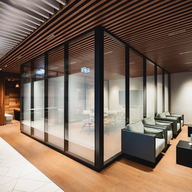 The Lounge Tegel at Berlin Brandenburg Airport features a glass-enclosed meeting room with adjacent seating area for relaxation.