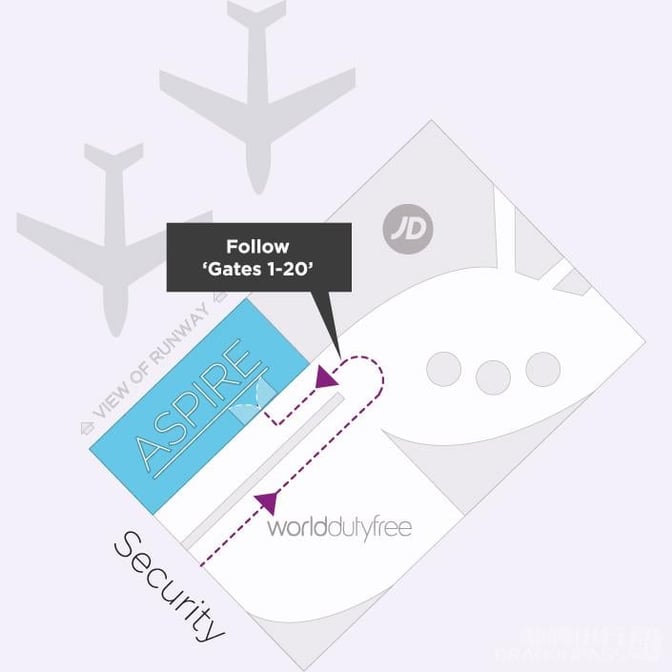The map shows the location of the Aspire Lounge North at Birmingham Airport, situated near security and World Duty Free.