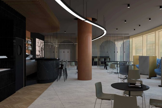 The Prima Vista Lounge at Bologna Airport features a bar area with counter seating and a spacious seating area with tables.