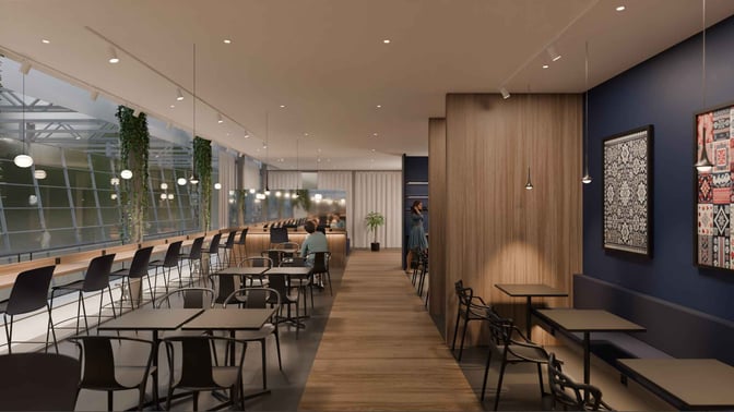 The Pearl Lounge at Bratislava International Airport features a seating area with tables and chairs, adjacent to a bar with counter seating.