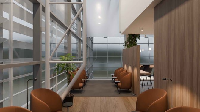 Seating area in the Pearl Lounge at Bratislava International Airport features individual chairs with side tables and reading lamps, offering privacy.