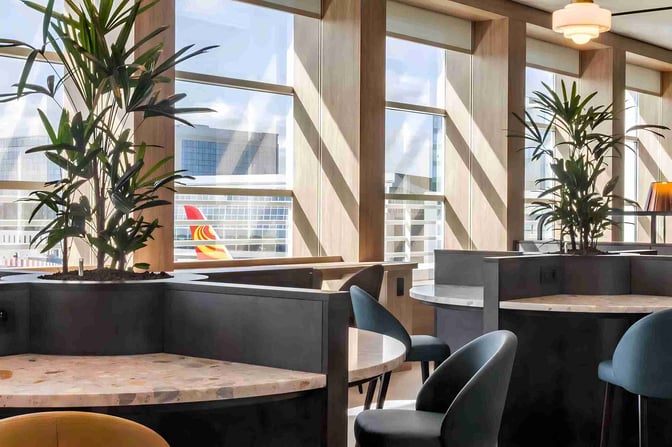 Semi-private seating areas in The View lounge at Brussels Airport offer tables with airport views and integrated plant dividers.