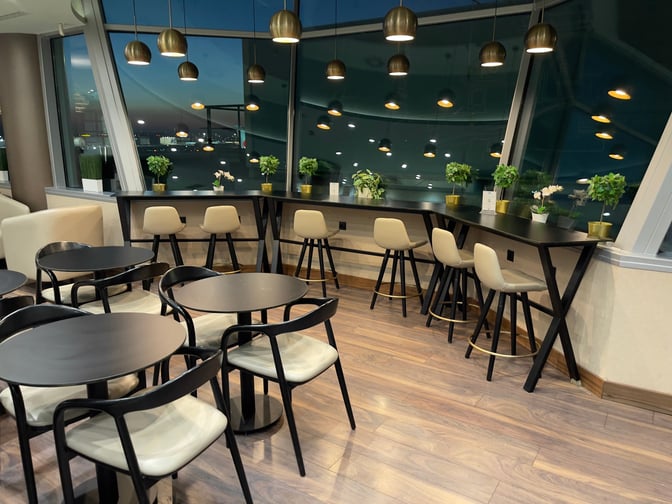 The Platinum Lounge at Budapest Airport features counter seating with airport views and tables for dining, complemented by decorative plants.