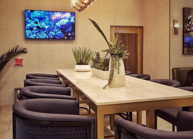 The MERA Business Lounge in Terminal 4 at Cancun International Airport features a communal table with barstool seating and decorative plants.