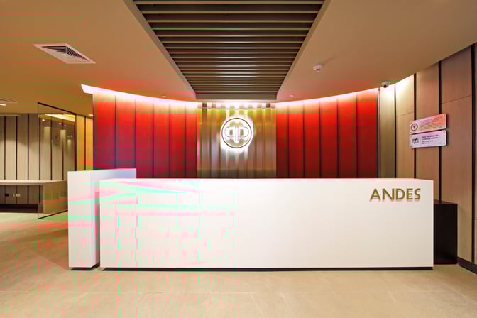 The Andes Lounge entrance at Comodoro Arturo Merino Benítez International Airport features a reception desk with prominent signage.