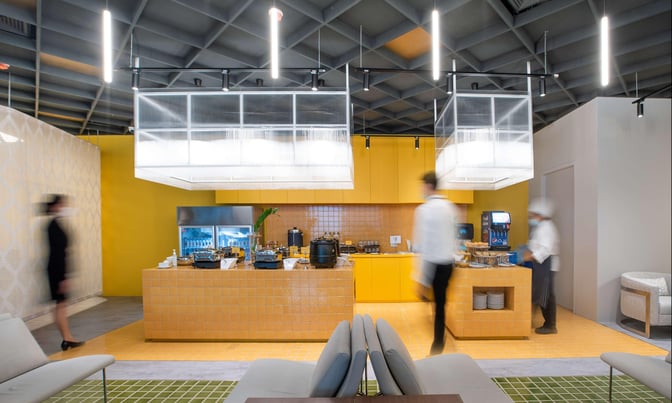 The Nok Air Lounge at Don Mueang International Airport features a self-serve food area with various hot and cold options.