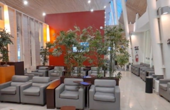 The seating area in Salones VIP Pacific Club at El Tepual International Airport features comfortable armchairs and small tables, with plants providing partial separation.