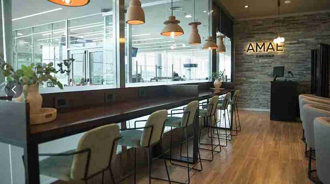 The AMAE Lounge at Gobernador Horacio Guzmán International Airport features counter seating with views of the terminal through large windows.