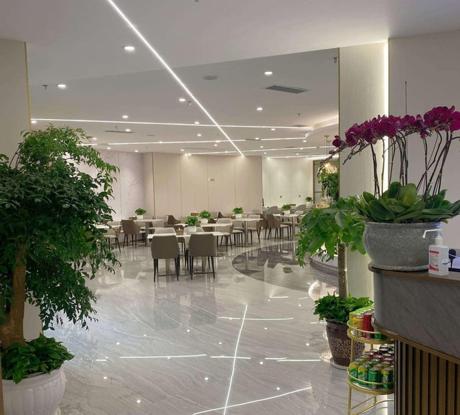 The China Southern Skypearl Lounge at Guiyang Longdongbao International Airport features a spacious seating area with tables and chairs surrounded by plants.