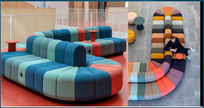 Modular seating in the Z Lounge at Kempegowda Bangalore International Airport provides flexible arrangements with integrated side tables for travelers.