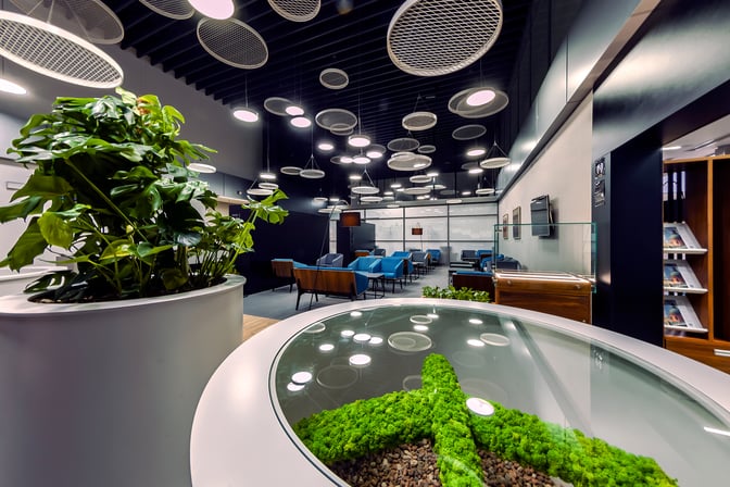 The Krakow Airport business lounge features seating areas with armchairs, a decorative plant display, and a magazine rack for travelers.