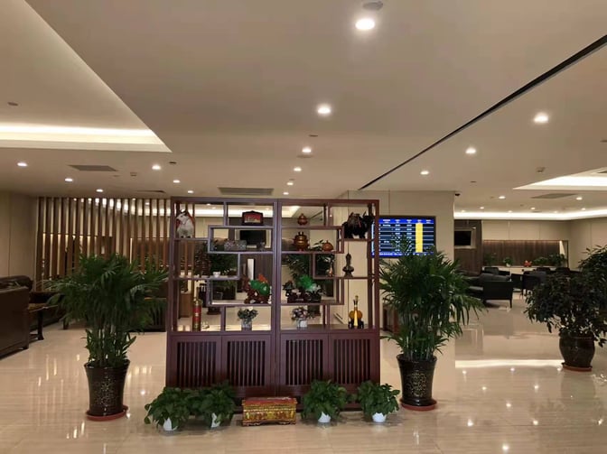 The First Class Lounge at Lhasa Gonggar Airport features a seating area with decorative shelving, plants, and a visible flight information screen.