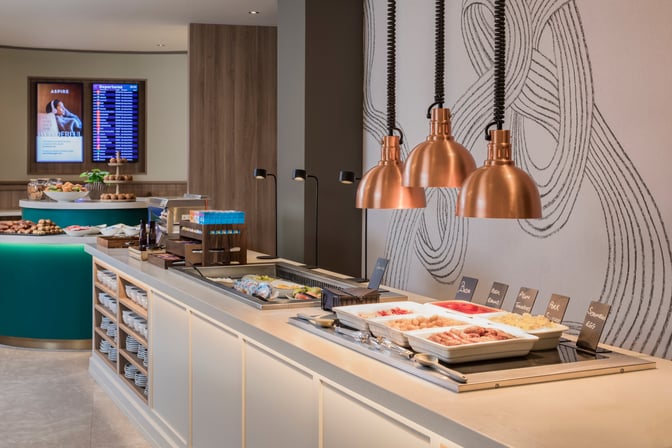 The Aspire Lounge at Liverpool John Lennon Airport features a self-serve breakfast station with hot and cold food options.