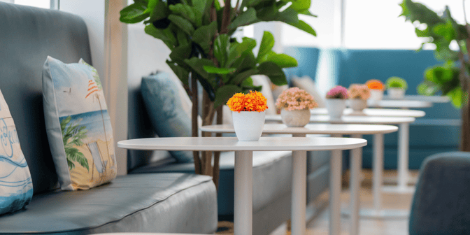 Seating area in Plaza Express Lounge at London Gatwick Airport features cushioned benches with decorative pillows and small tables with potted plants.