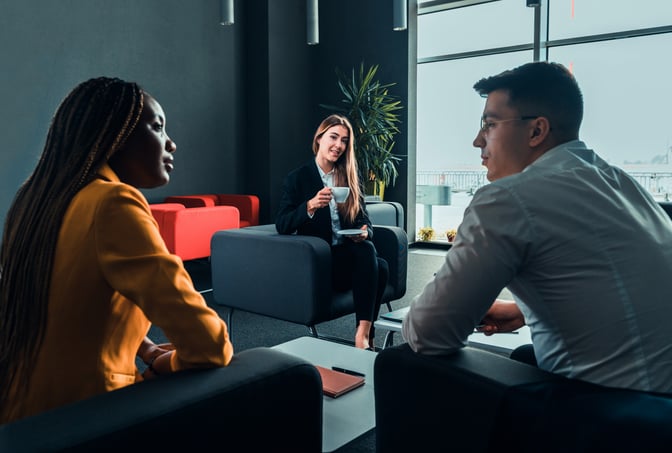 The seating area in the Business Executive Lounge at Lublin Airport features comfortable chairs and tables for informal meetings and relaxation.