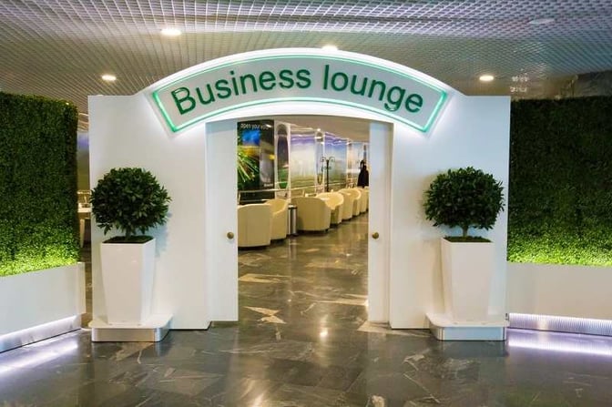 The entrance to the International Business Lounge at Minsk National Airport features potted plants and leads to a seating area.