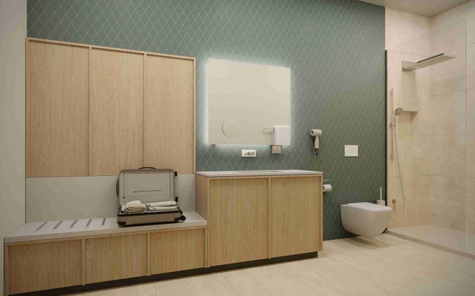 The private bathroom at Airport Lounge World, Munich Airport, features a shower, vanity, and luggage storage area for travelers.
