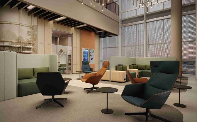 The seating area in Airport Lounge World at Munich Airport features swivel chairs, small tables, and semi-private booths for relaxation.