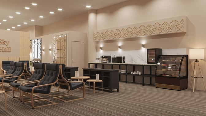 Seating at Sky Hall in Nursultan Nazarbayev International Airport includes cushioned chairs and tables, with a self-serve snack and beverage area.