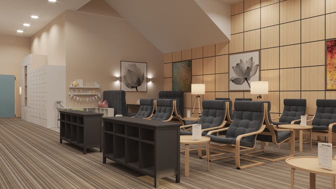 The seating area in Sky Hall at Nursultan Nazarbayev International Airport features comfortable chairs and tables, providing a relaxing space for travelers.