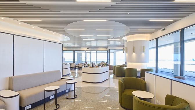 The Goldair Handling Lounge at Rhodes International Airport features a central self-serve bar area with surrounding seating options.