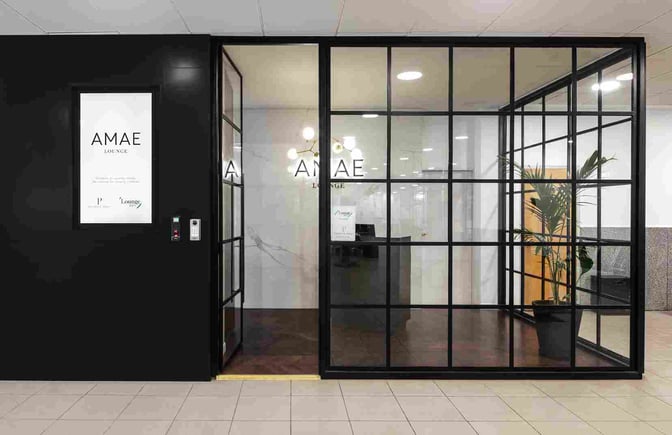 The entrance to the AMAE Lounge at Rosario - Islas Malvinas International Airport features glass doors and a reception area.