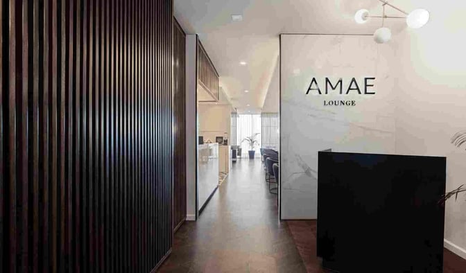 The entrance to the AMAE Lounge at Rosario - Islas Malvinas International Airport features a reception area and visible seating.