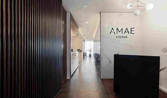 The entrance to the AMAE Lounge at Rosario - Islas Malvinas International Airport features a reception area and visible seating.
